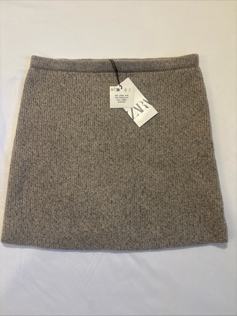 ZARA Wool Blend Knit Mini Skirt High Elastic Waist Tan SIZE Large New